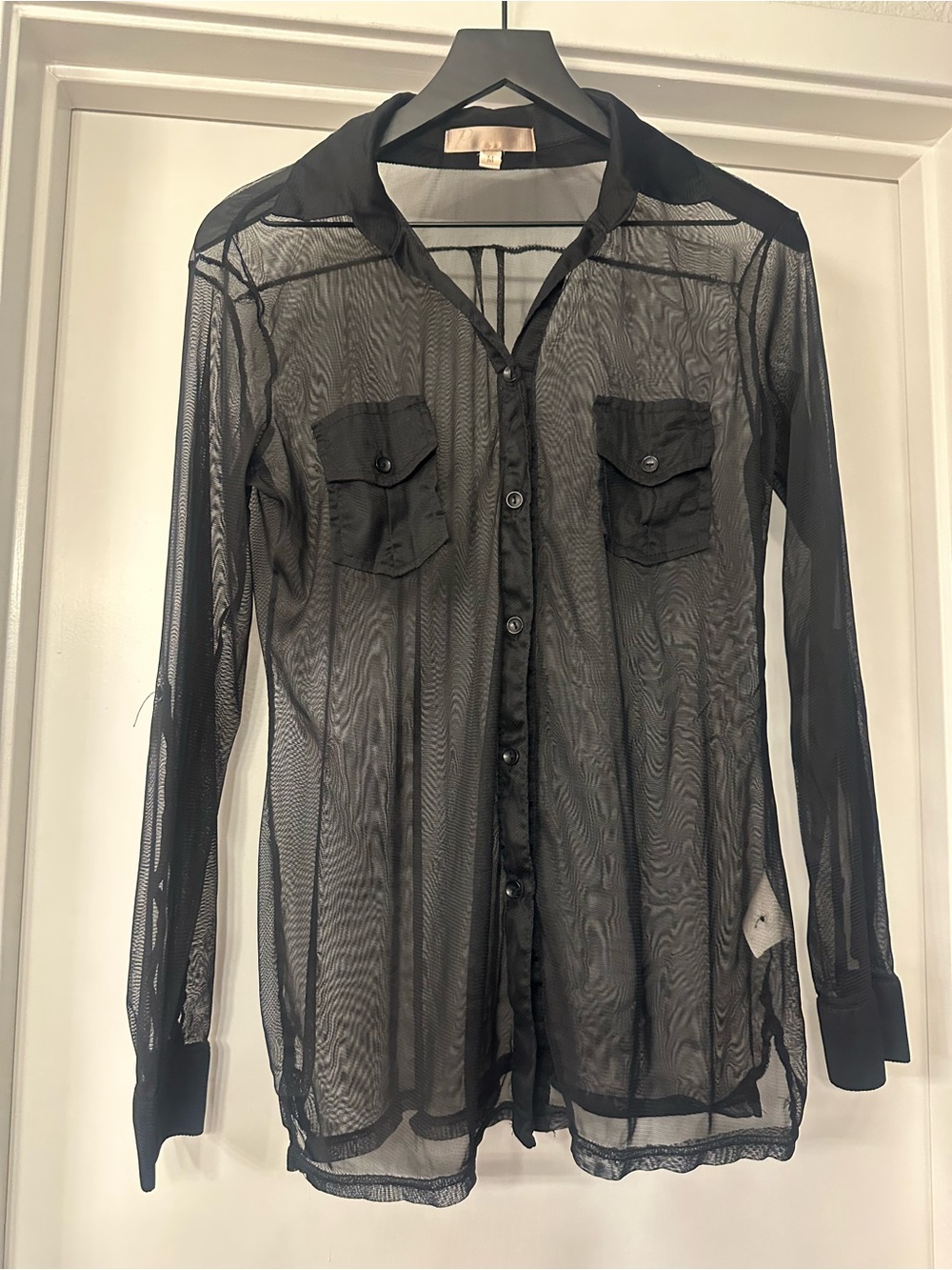 Vintage Sheer Black Long-Sleeve Button-Up Shirt